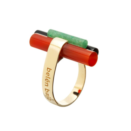 anillo artesanal Lou de oro de 9k o 18k, aventurina verde, ónix y ágata carneola diseñado 3 por Belen Bajo