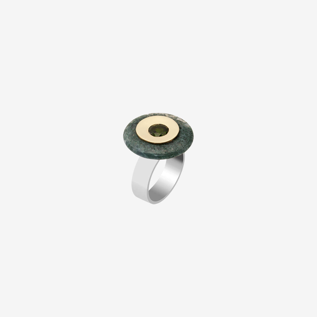 anillo artesanal Iar de oro de 9k o 18k, plata de ley, cromodiópsido y ágata musgosa diseñado por Belen Bajo