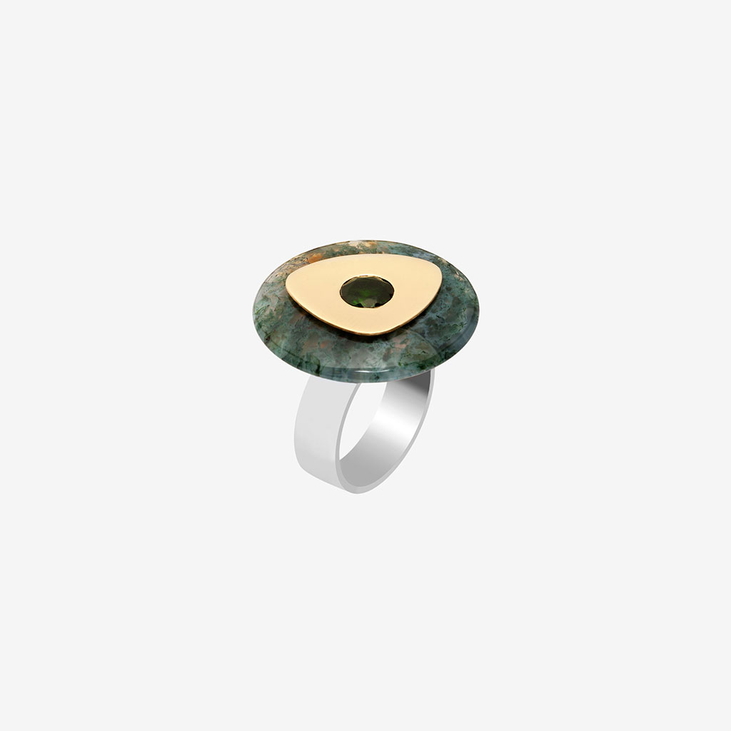 Handmade Tau ring in 9k or 18k gold, sterling silver, chrome diopside and mossy agate designed by Belen Bajo