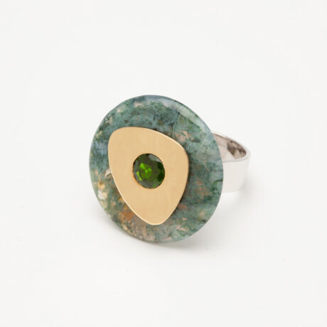 Tau handmade ring in 9k or 18k gold, sterling silver, chrome diopside and moss agate designed 2 by Belen Bajo