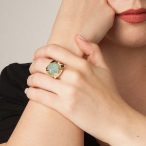 handcrafted Gio ring in 9k or 18k gold, sterling silver and milk aquamarine designed by Belen Bajo m1