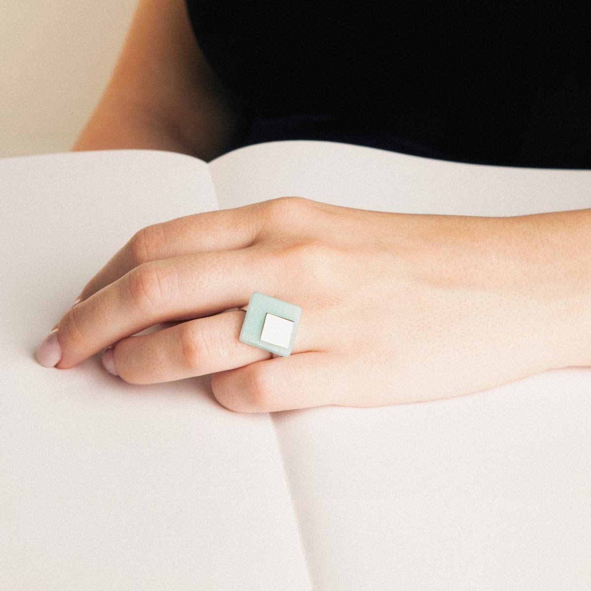 Emi handcrafted ring in 9k or 18k gold, sterling silver and amazonite designed by Belen Bajo m1