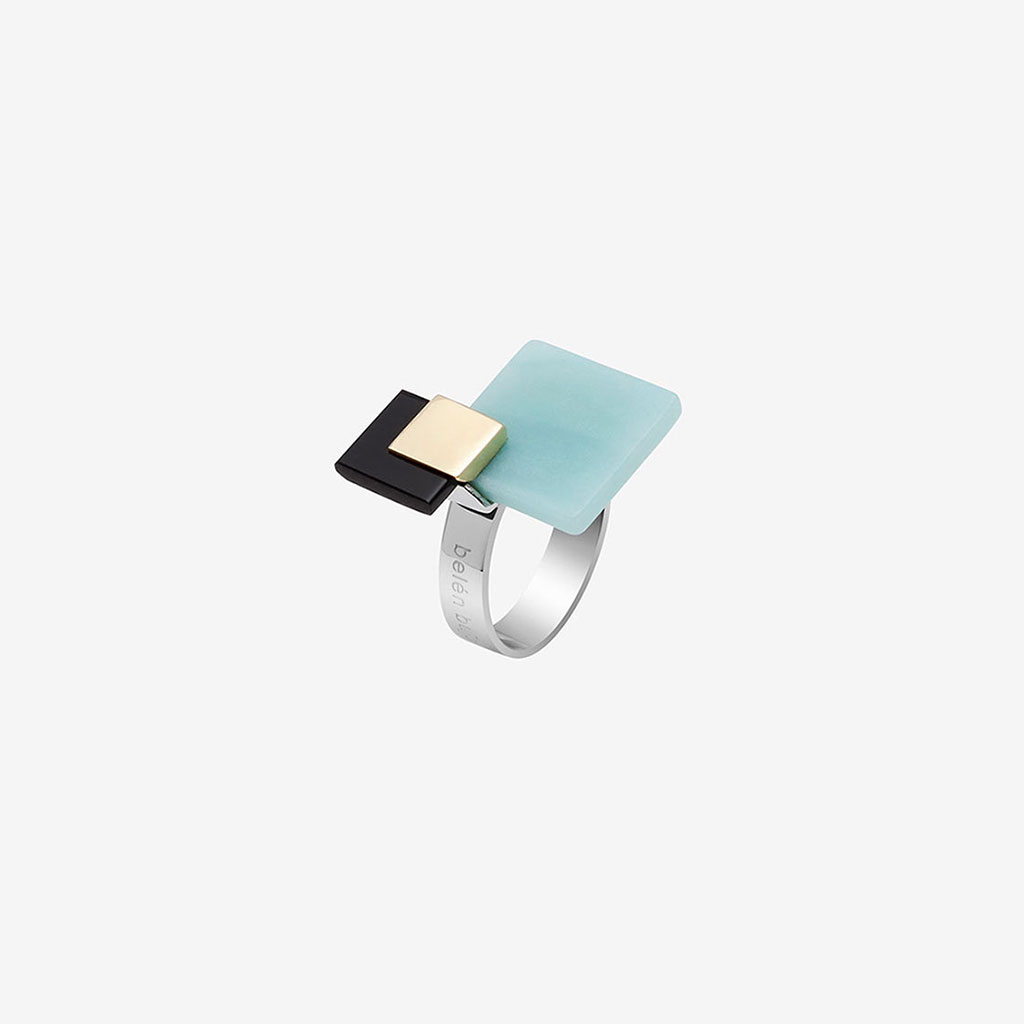 Liv handmade ring in 9k or 18k gold, sterling silver, onyx and amazonite designed by Belen Bajo