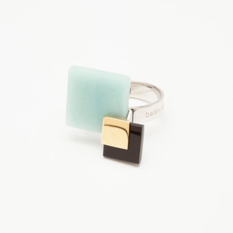 Liv handmade ring in 9k or 18k gold, sterling silver, onyx and amazonite 1 designed by Belen Bajo
