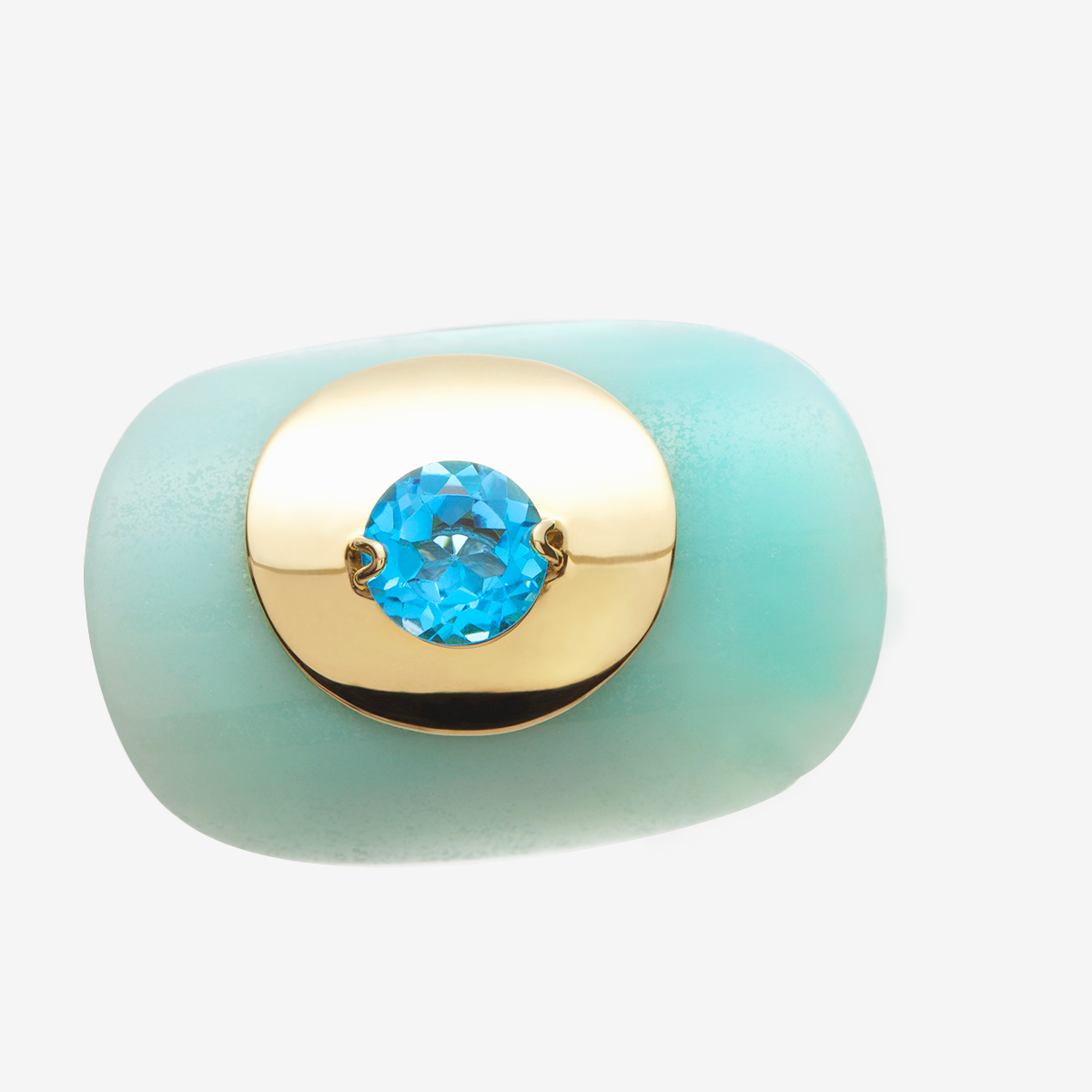 anillo artesanal Ara de oro de 9k o 18k, plata de ley, amazonita y topacio azul diseñado por Belen Bajo 02