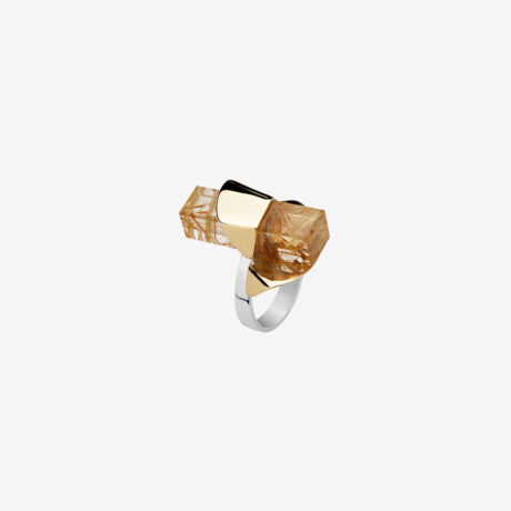 anillo artesanal Amy de oro de 9k o 18k, plata de ley y cuarzo rutilado diseñado por Belen Bajo