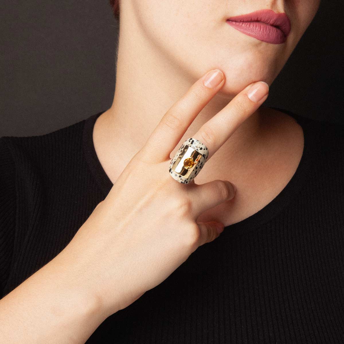 Aki handcrafted ring in 9k or 18k gold, sterling silver, Dalmatian jasper and citrine quartz designed by Belen Bajo