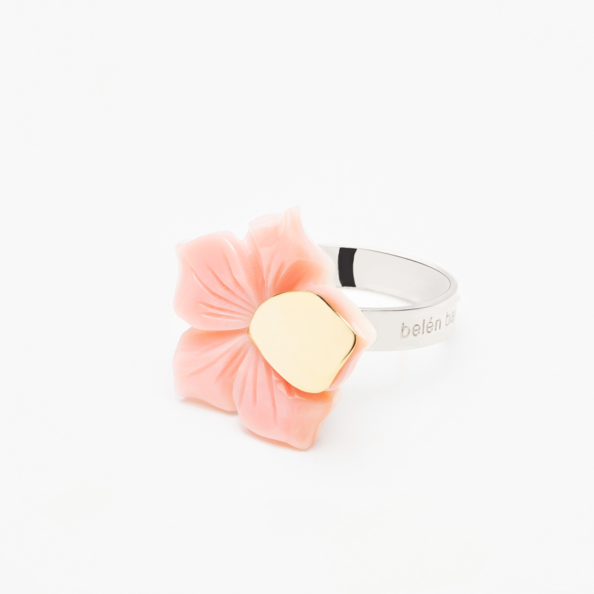 Aine handmade ring in 9k or 18k gold, sterling silver and pink shell 1 designed by Belen Bajo