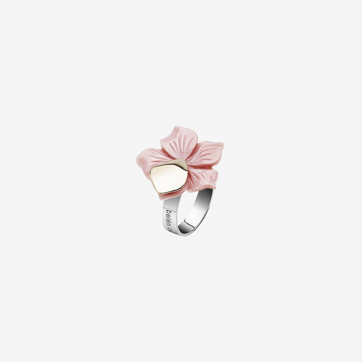 Aine handmade ring in 9k or 18k gold, sterling silver and pink shell designed by Belen Bajo