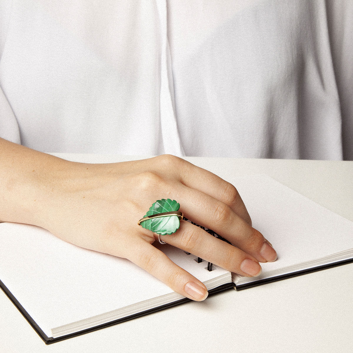 Gaia handcrafted ring in 9k or 18k gold, sterling silver and malachite designed by Belen Bajo m1