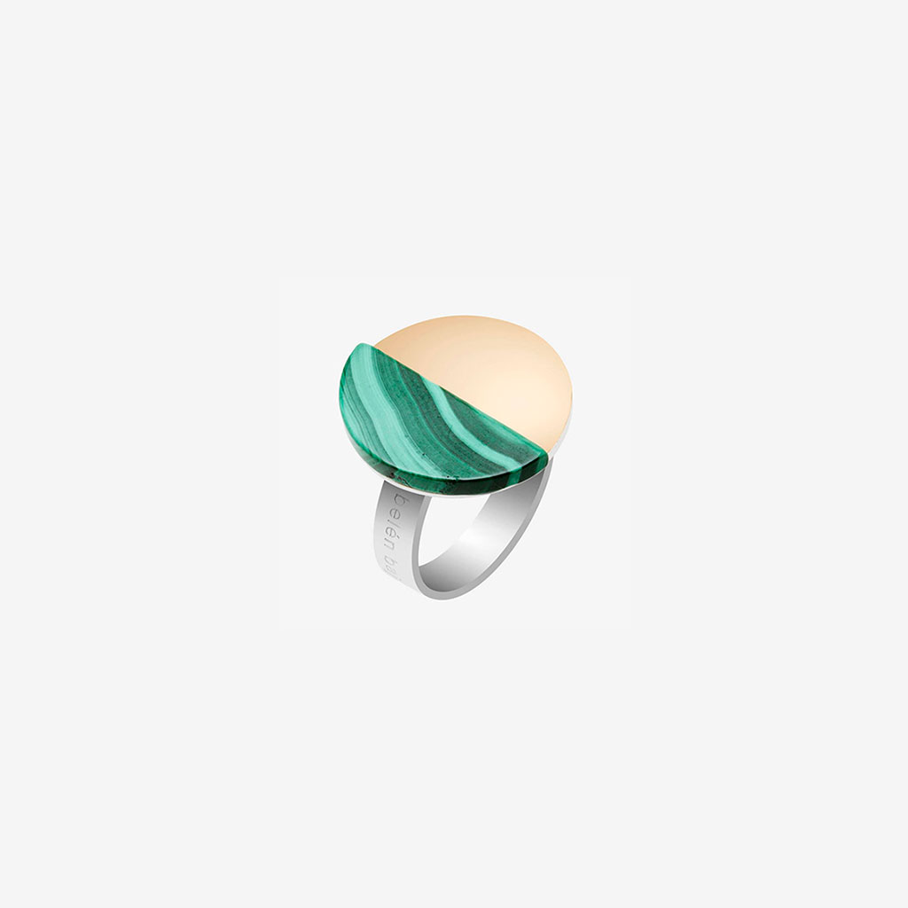 Ona handmade ring in 9k or 18k gold, sterling silver and malachite designed by Belen Bajo