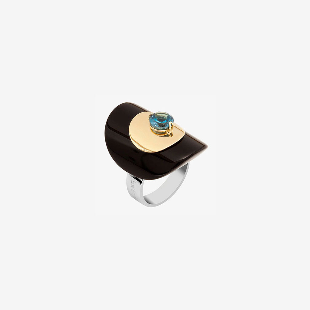 Ara handmade ring in 9k or 18k gold, sterling silver, golden pyrite and London blue topaz designed by Belen Bajo