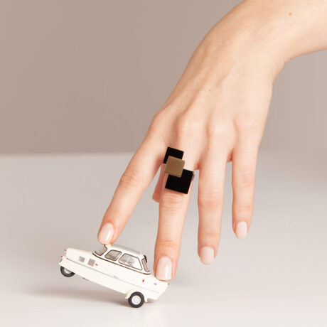 Zoi handmade ring in 9k or 18k gold, sterling silver and onyx on hand designed by Belen Bajo