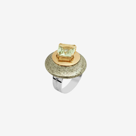 anillo artesanal Ima de oro de 9k o 18k, plata de ley, pirita y prasiolita diseñado por Belen Bajo