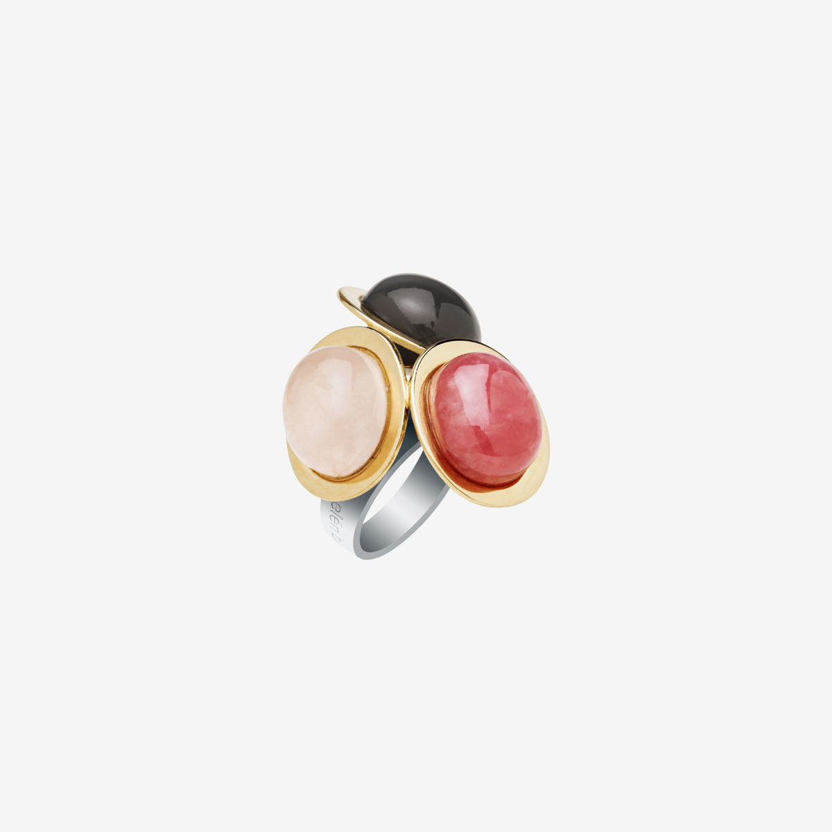 anillo artesanal Ava de oro de 9k o 18k, plata de ley, cuarzo rosa, rodocrosita y piedra luna gris diseñado por Belen Bajo