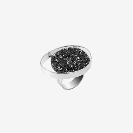 anillo artesanal Ake de plata de ley y drusa de ágata negra metalizada