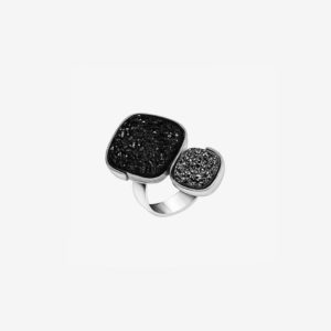 Eva handcrafted ring in sterling silver and druses of black agate and metallic agate in titanium designed by Belen Bajo