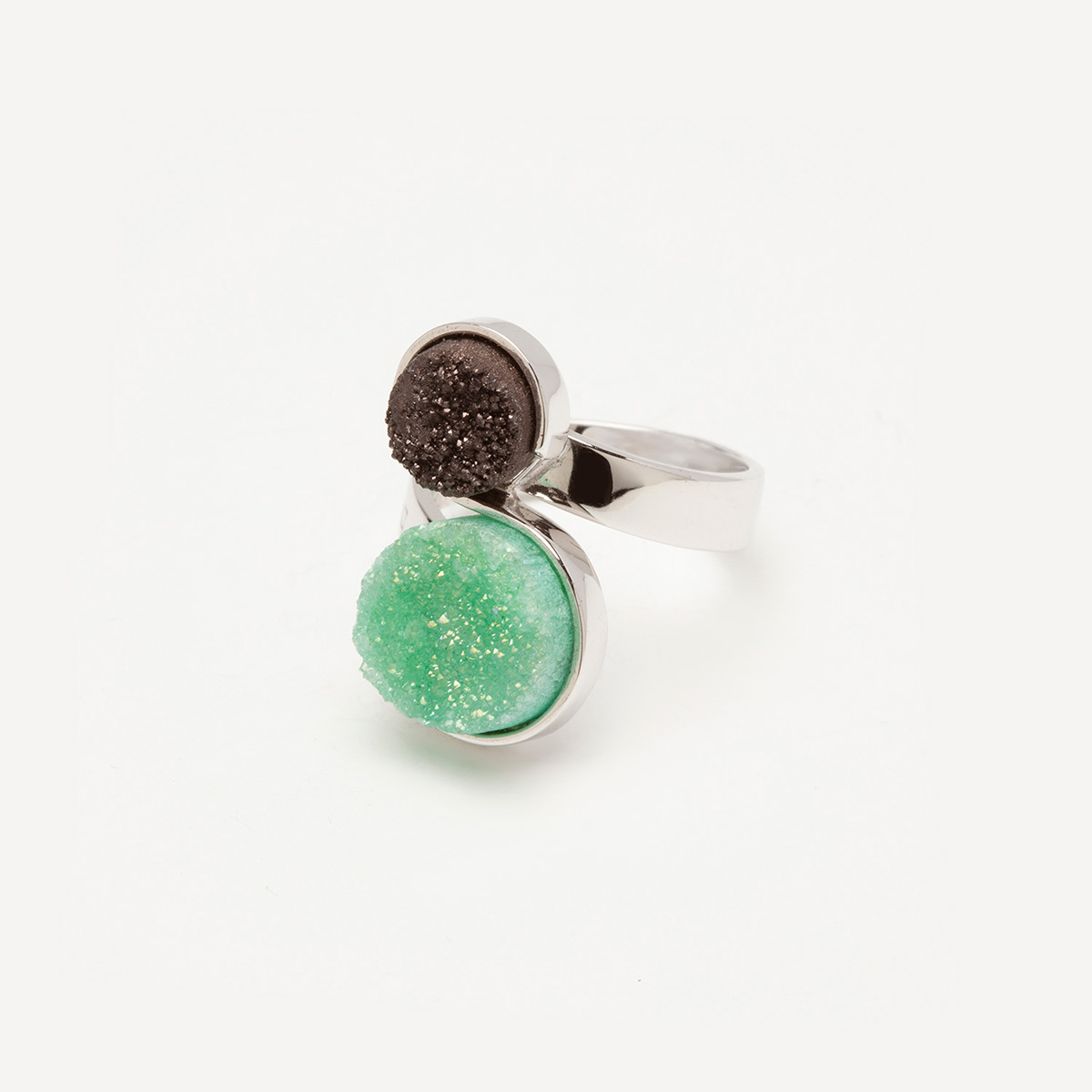 Yin handmade sterling silver ring, green and black agate druzy 1 designed by Belen Bajo