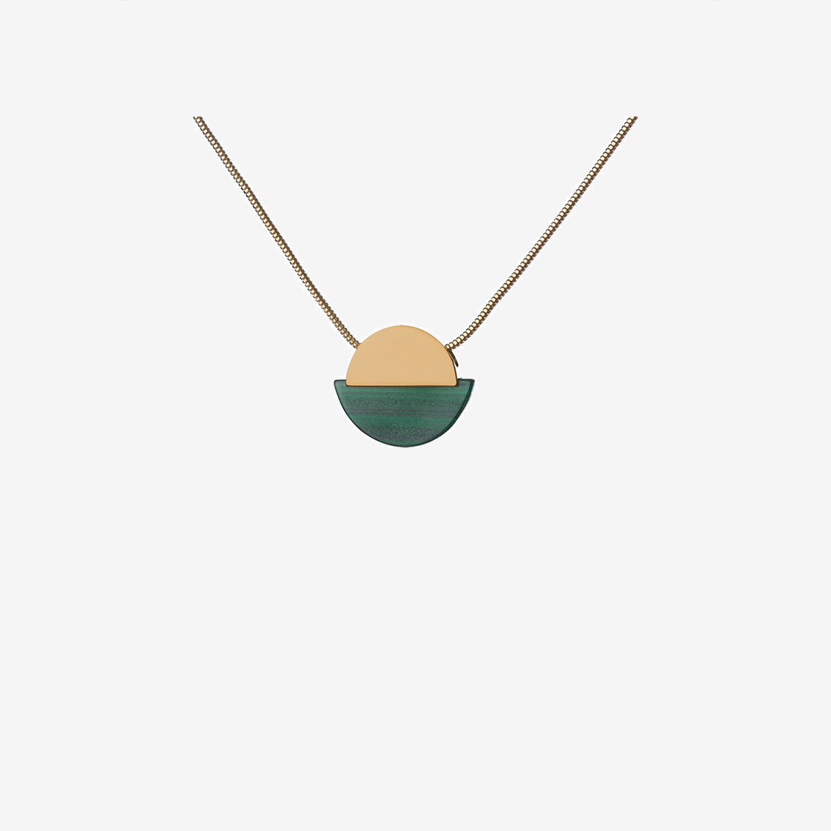 Handmade Ova necklace in 9k or 18k gold, sterling silver, malachite designed by Belen Bajo