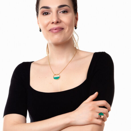 Ula handmade necklace in 9k or 18k gold, sterling silver and malachite designed by Belen Bajo m1