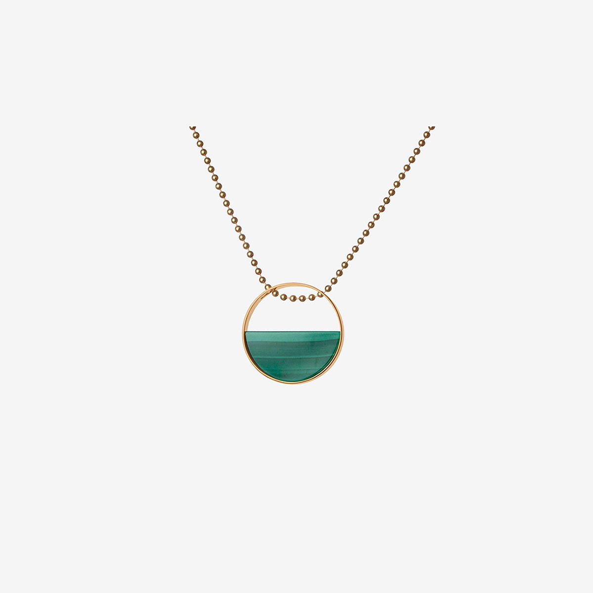 Ula handmade necklace in 9k or 18k gold, sterling silver and malachite designed by Belen Bajo