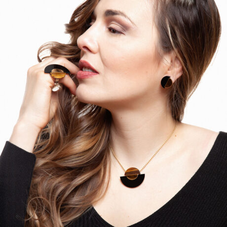 Zoe handmade necklace in 9k or 18k gold, sterling silver and tiger eye designed by Belen Bajo m1