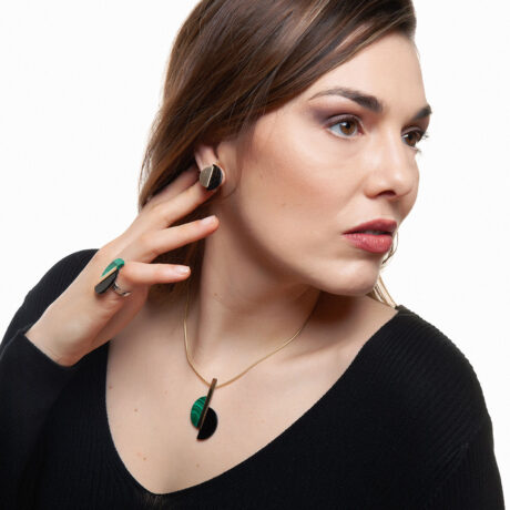 Taz handmade necklace in 9k or 18k gold, sterling silver, malachite and onyx designed by Belen Bajo m1