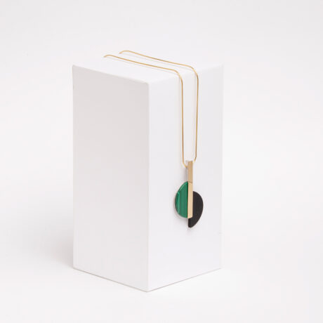 Handmade Taz necklace in 9k or 18k gold, sterling silver, malachite and onyx designed by Belen Bajo
