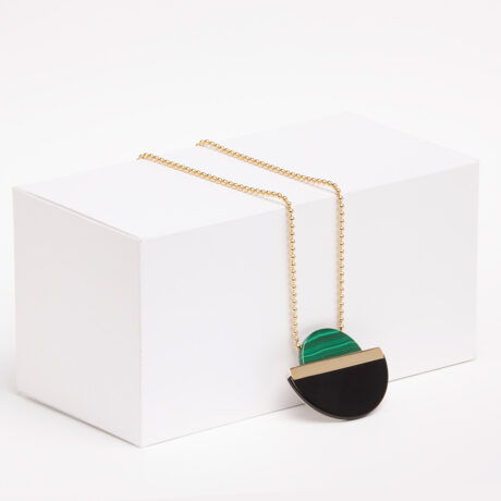 Handmade Zei necklace in 9k or 18k gold, sterling silver, malachite and onyx designed by Belen Bajo