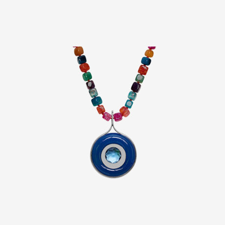 Handmade Ufe necklace in sterling silver, blue agate and blue zirconia designed by Belen Bajo