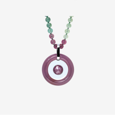 Handmade Mat necklace in sterling silver, pink agate, pink zirconia and fluorite designed by Belen Bajo