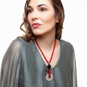 Handmade Bex necklace in sterling silver, onyx and coral designed by Belen Bajo m1