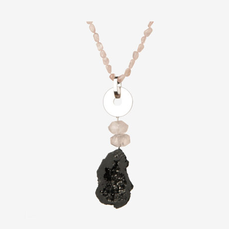 Handmade Ewi necklace in sterling silver, rose quartz and black agate druse designed by Belen Bajo