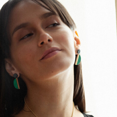 Ana handmade earrings in 9k or 18k gold, sterling silver, circular onyx and malachite designed by Belen Bajo m1