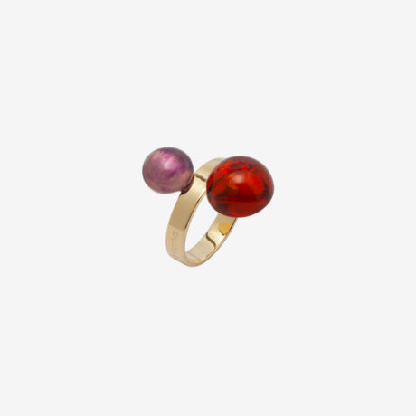 Kea handmade ring in 925 silver plated in 18k gold, amber and amethyst designed by Belen Bajo