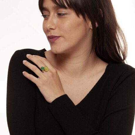 Gam handmade 18k gold plated 925 silver, green chalcedony and green agate ring designed by Belen Bajo