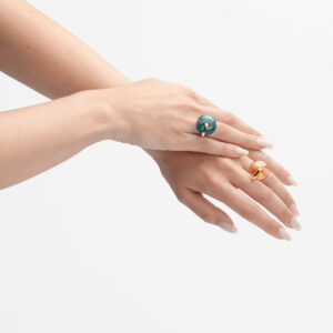 Xex handmade ring in 18k gold plated 925 silver and blue or amber glass 3 designed by Belen Bajo