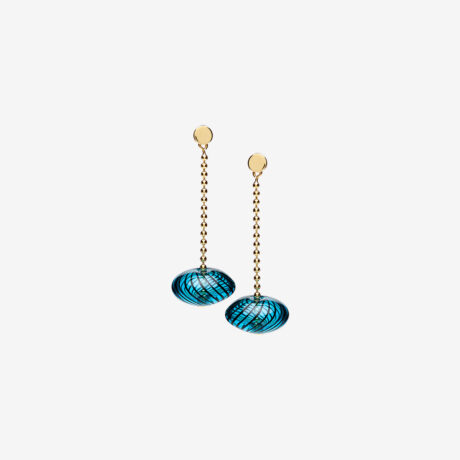 Handmade Xer earrings in 18k gold plated 925 silver and blue glass designed by Belén Bajo