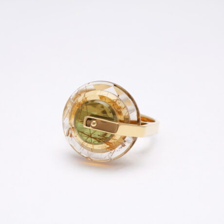 Gup handmade 18k gold plated 925 silver ring, with triplet of rutilated quartz, hydrothermal quartz and green agate designed by Belen Bajo