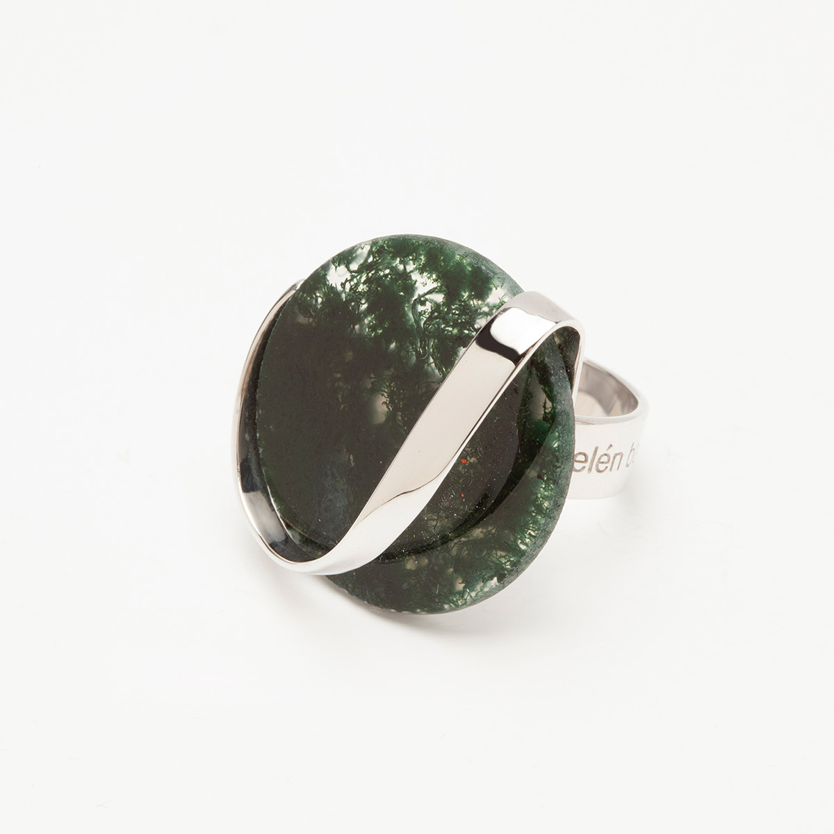 Sue handmade sterling silver and moss agate ring designed by Belen Bajo