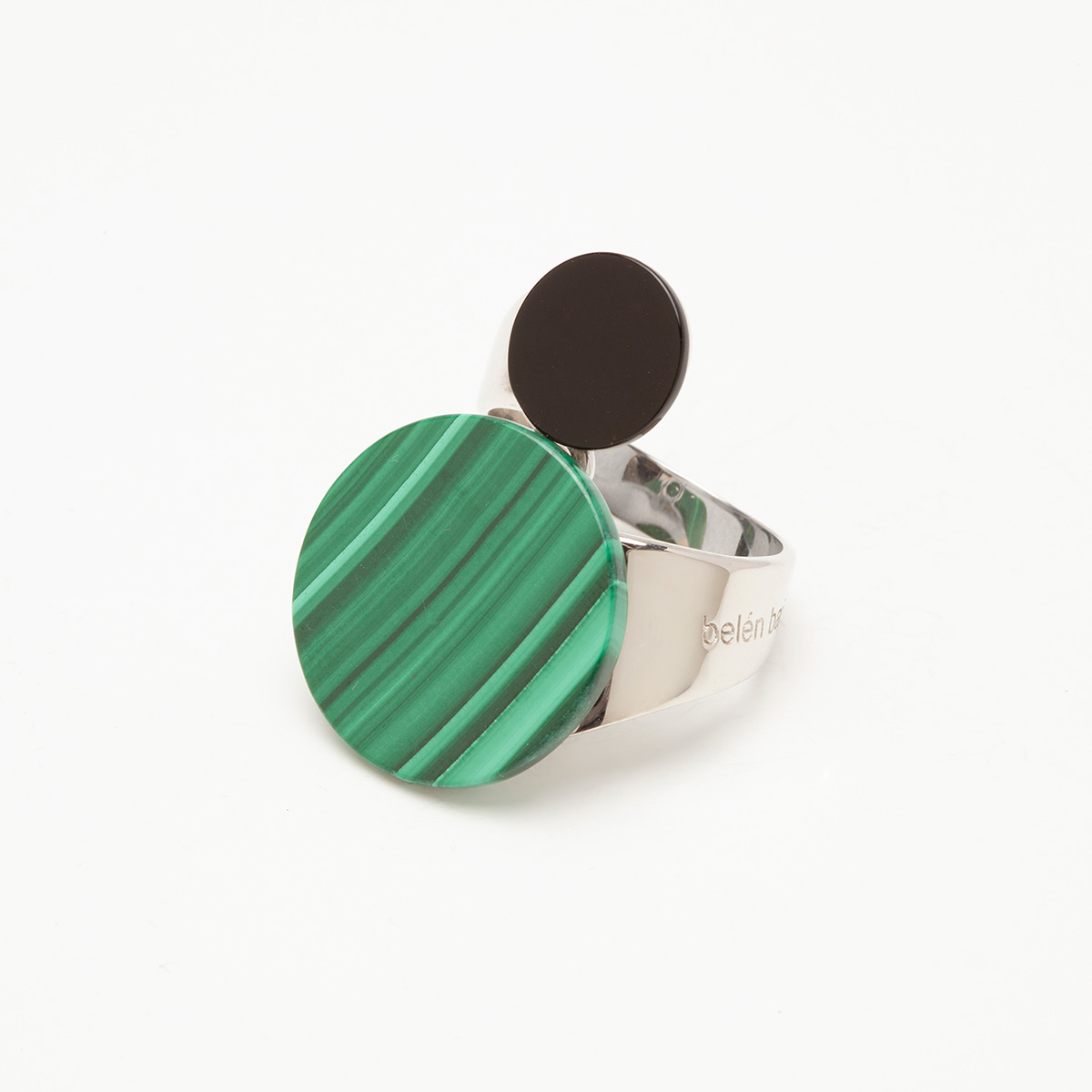 Ozu handmade sterling silver, onyx and malachite ring designed by Belen Bajo