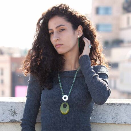 Fab handmade necklace made of sterling silver, colored agate and green rutilated quartz in model 1 designed by Belen Bajo
