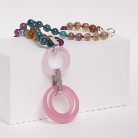 Cam handmade sterling silver, pink agate and fluorite necklace 1 designed by Belen Bajo