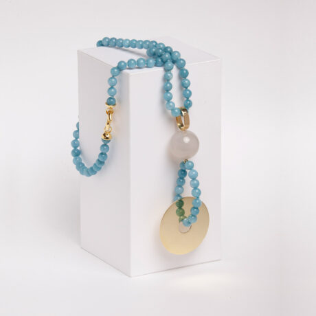 Fio handmade 18k gold plated 925 silver, blue jasper and blue chalcedony necklace designed by Belen Bajo